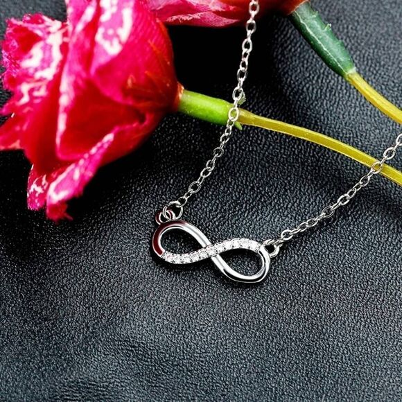 Platinum Plated Infinity Necklace Pave Cubic Zirconia 8 Infinity Pendant Jewelry - Picture 7 of 7